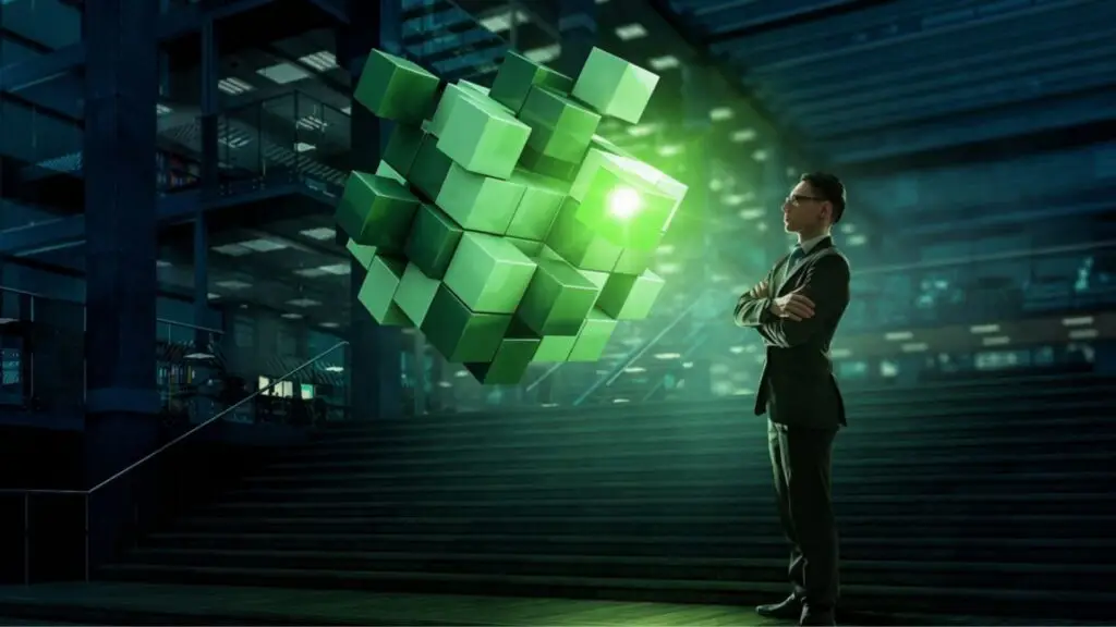 Ejecutivo observa una estructura flotante de cubos verdes luminosos