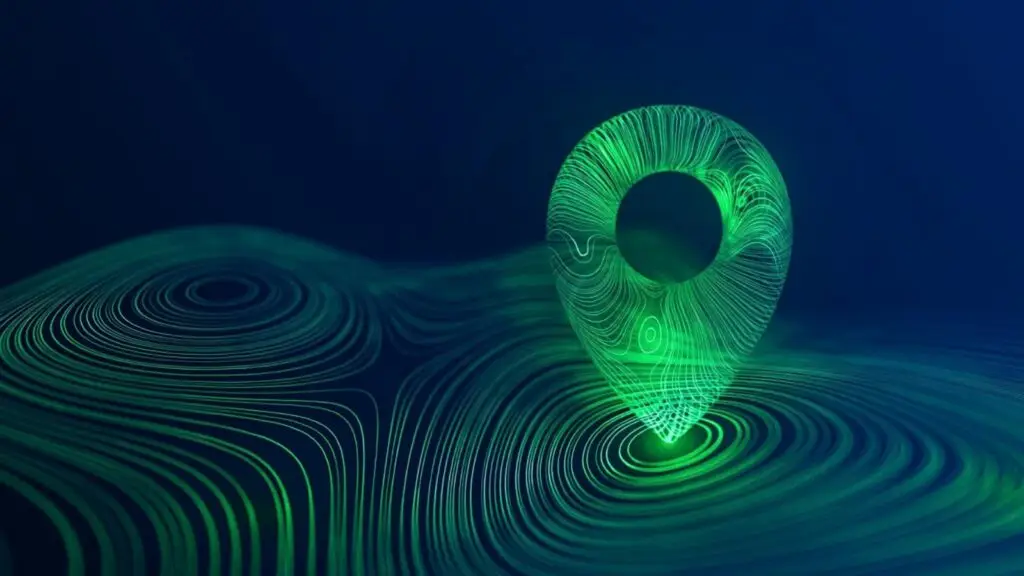 Mapa holográfico verde con líneas topográficas y marcador circular