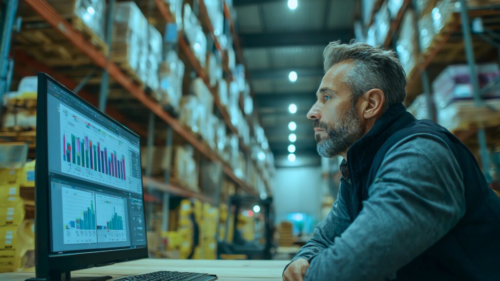 Trabajador analiza gráficos de inventario en un almacén